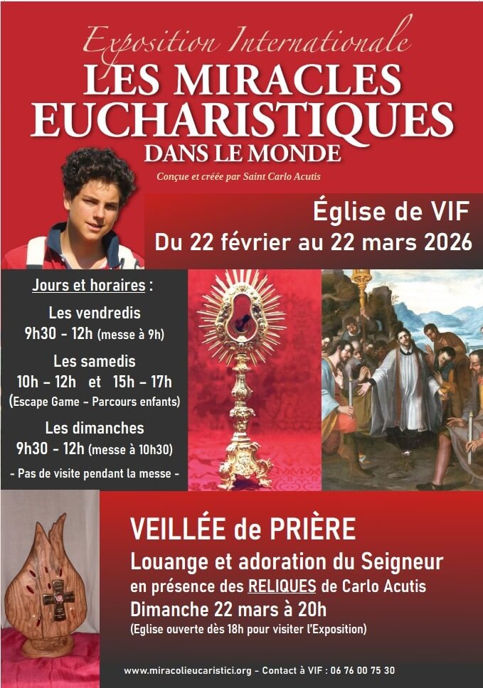 2026 02 Expo Carlo Acutis VIF Flyer exposition miracles eucharistiques dans le monde et veillée de prière avec les reliques de St Carlo à Vif