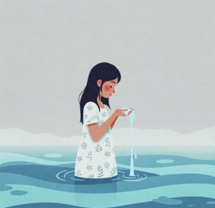 woman, water, baptism, ritual, spiritual, cleansing, peaceful, serene, waves, prayer, faith, religion, ceremony, person, drawing, nature, calm, reflection, meditation, holy, sacred, devotion, hands, white shirt, ai generated