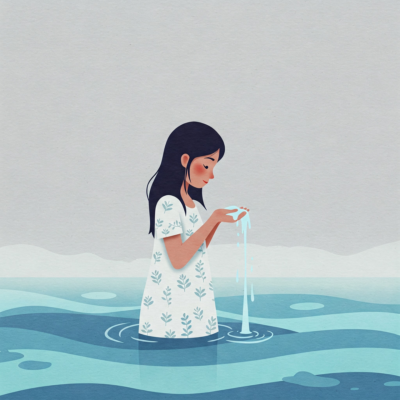 woman, water, baptism, ritual, spiritual, cleansing, peaceful, serene, waves, prayer, faith, religion, ceremony, person, drawing, nature, calm, reflection, meditation, holy, sacred, devotion, hands, white shirt, ai generated